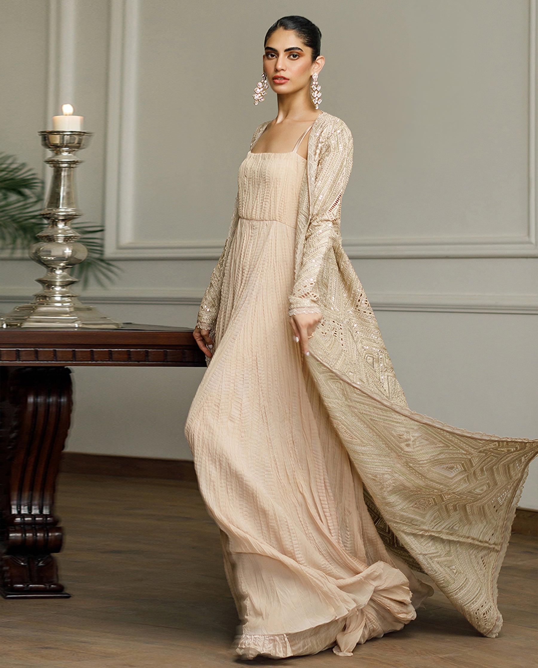 Organza Embroidered Jacket With Maxi