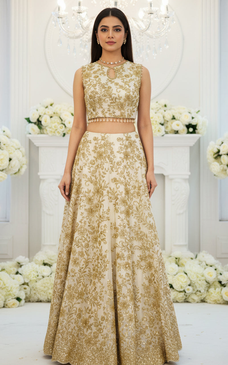 Net Embroidered Blouse With Lehenga