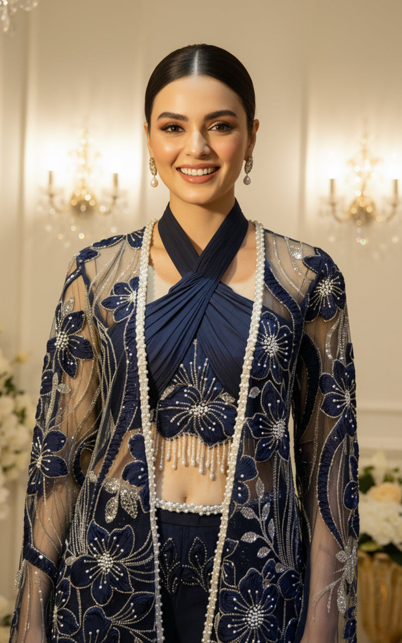 Embroidered Jacket With Blouse And Trouser