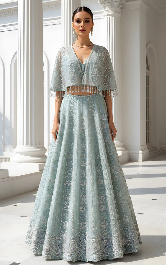 Net Embroidered Blouse With Cape And Lehenga