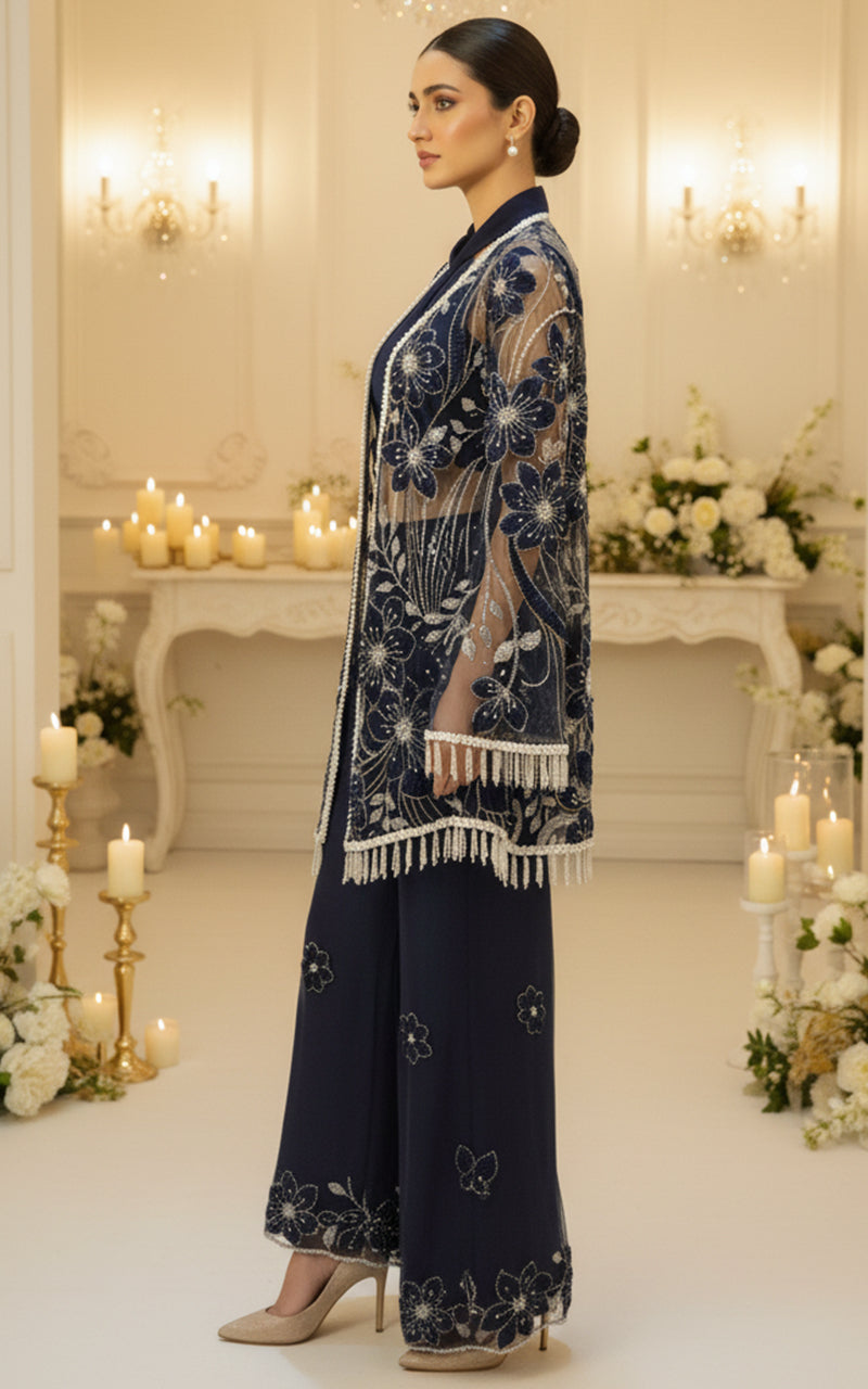 Embroidered Jacket With Blouse And Trouser