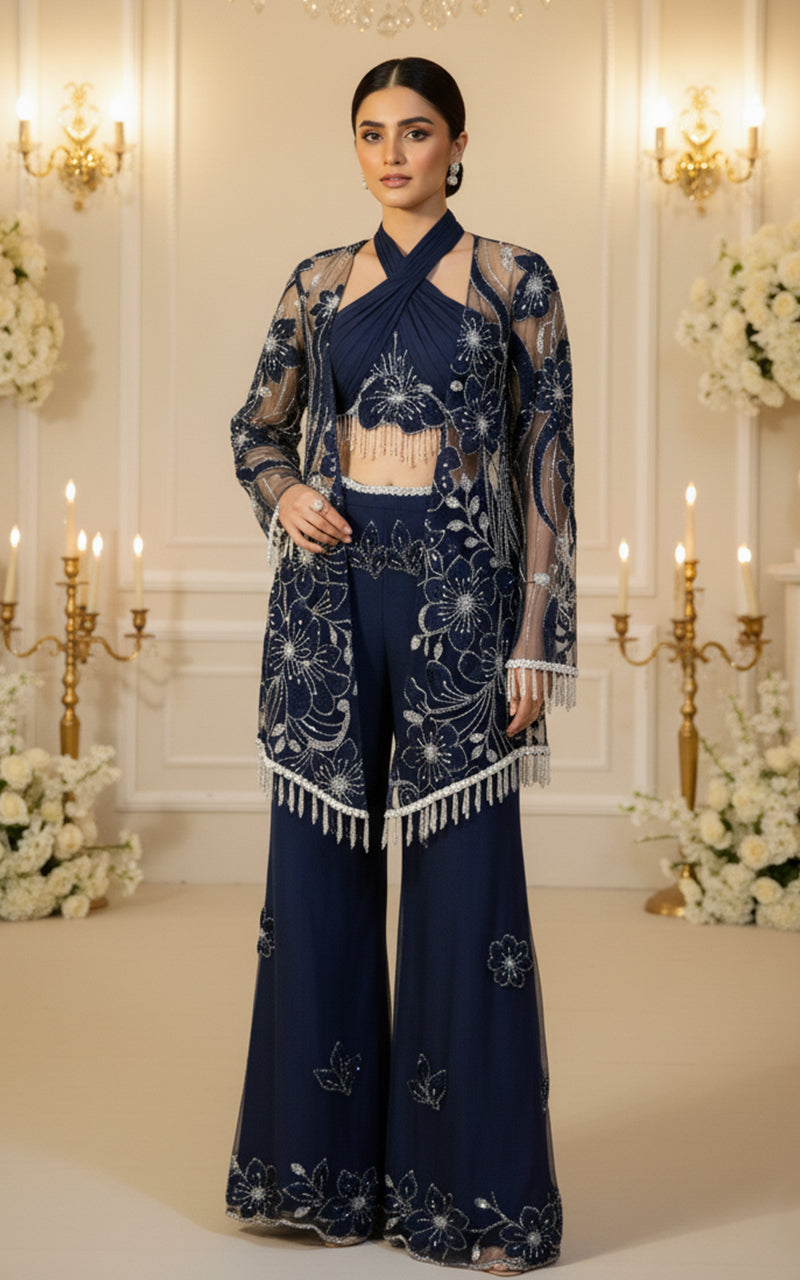 Embroidered Jacket With Blouse And Trouser
