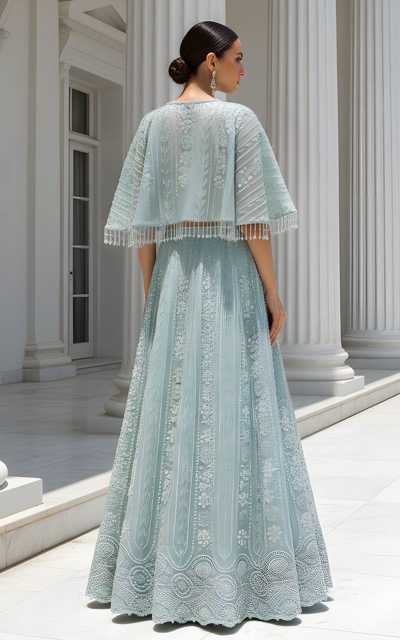 Net Embroidered Blouse With Cape And Lehenga