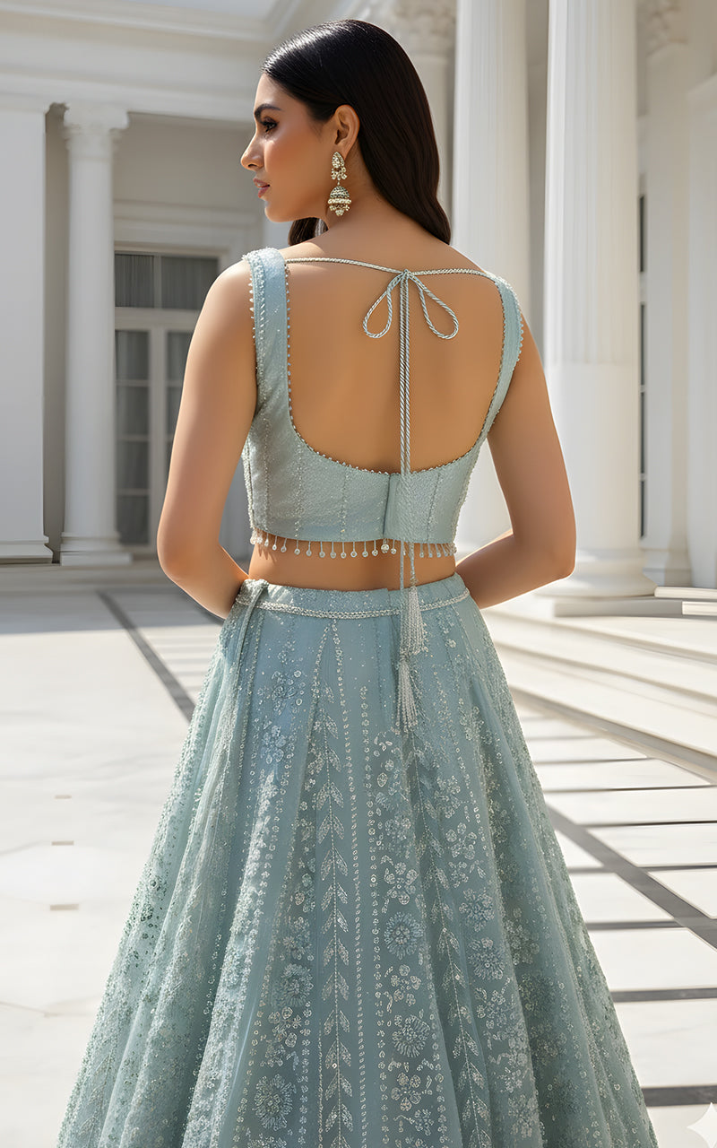Net Embroidered Blouse With Cape And Lehenga