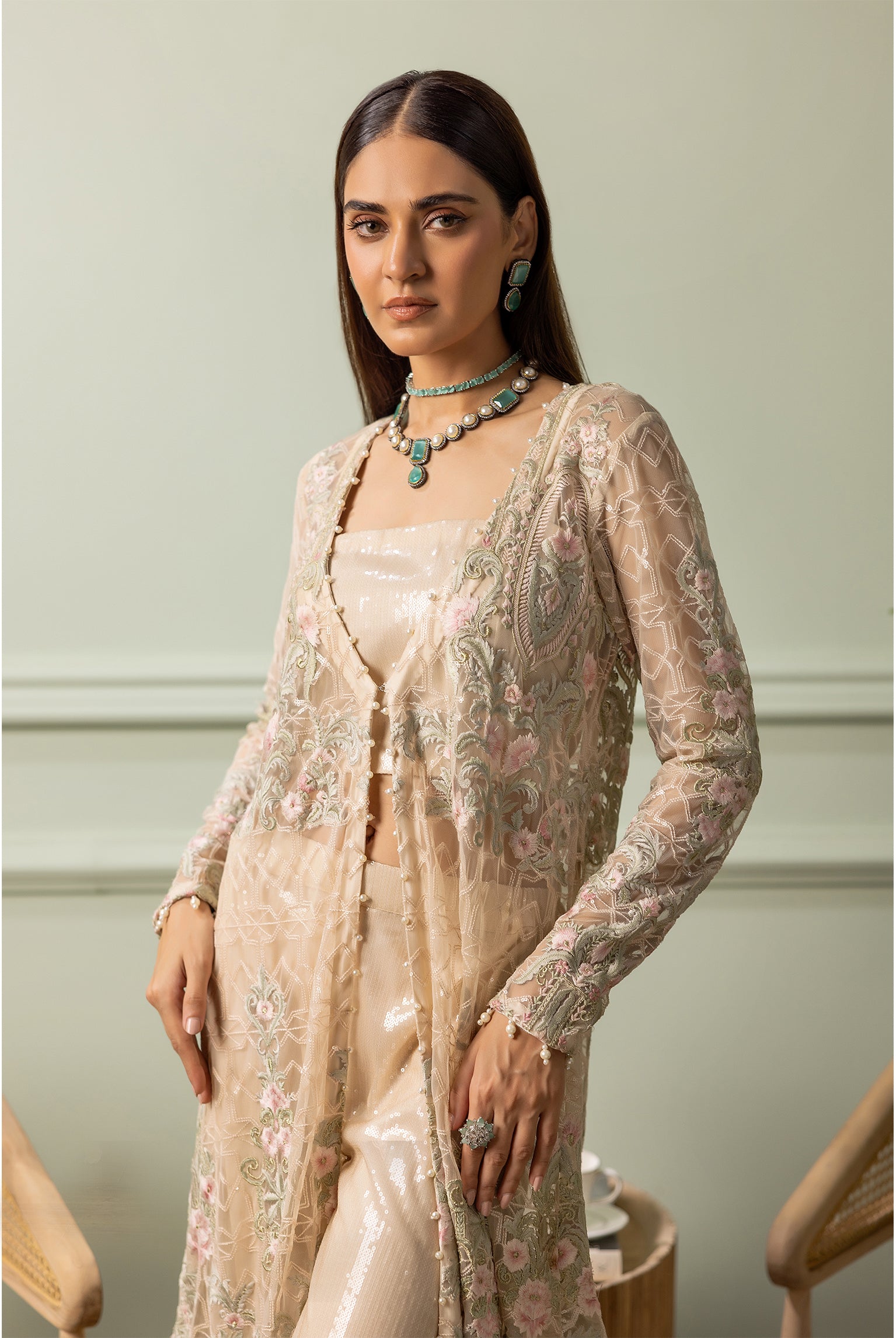 Unstitched The Ivory Flora Long Jacket Set