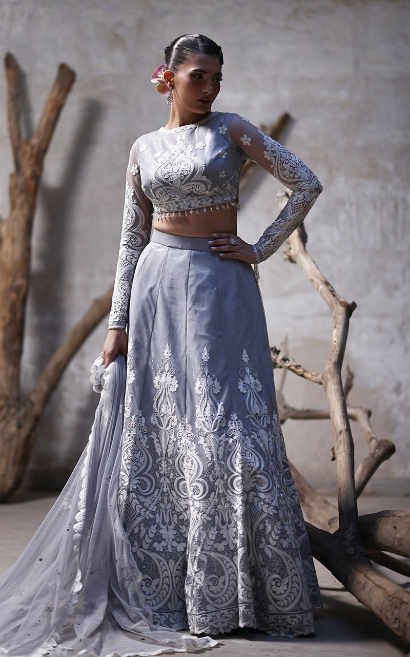 Net Embroidered Blouse With Lehenga And Dupatta