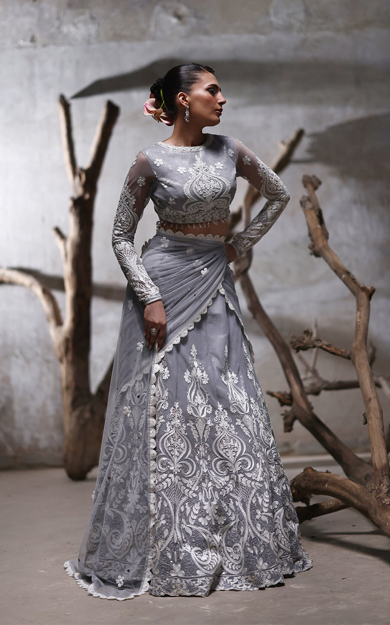 Net Embroidered Blouse With Lehenga And Dupatta