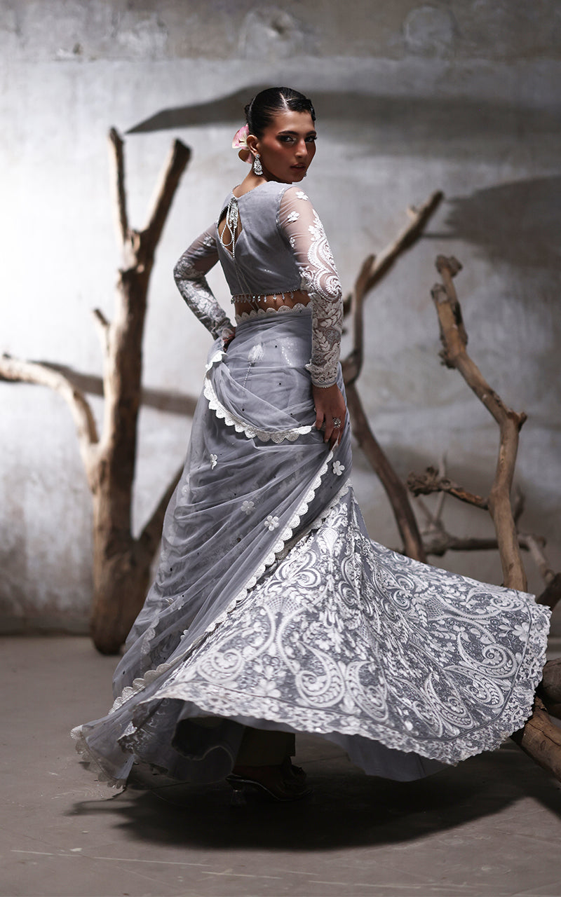 Net Embroidered Blouse With Lehenga And Dupatta