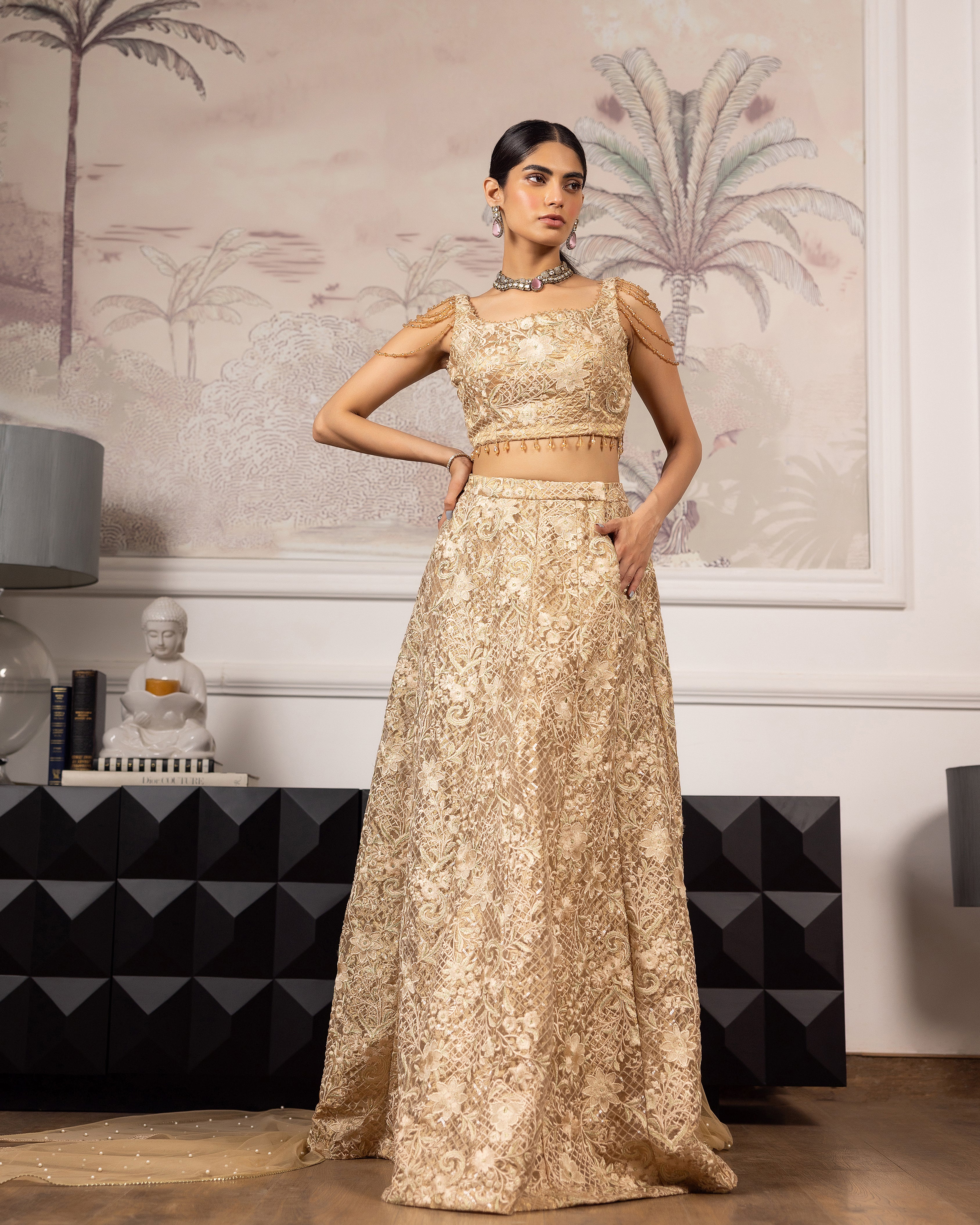 Unstitched Embroidered Blouse And Lehenga