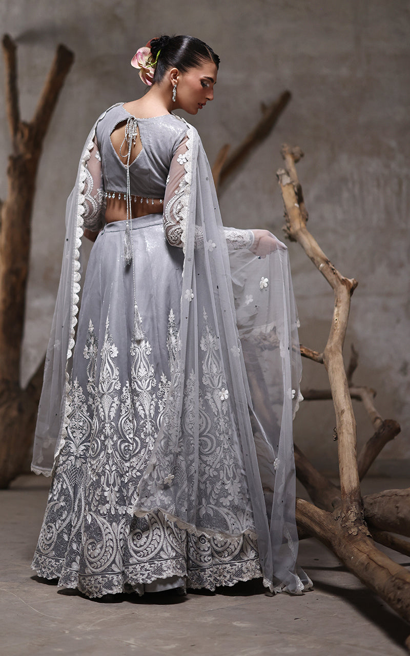 Net Embroidered Blouse With Lehenga And Dupatta