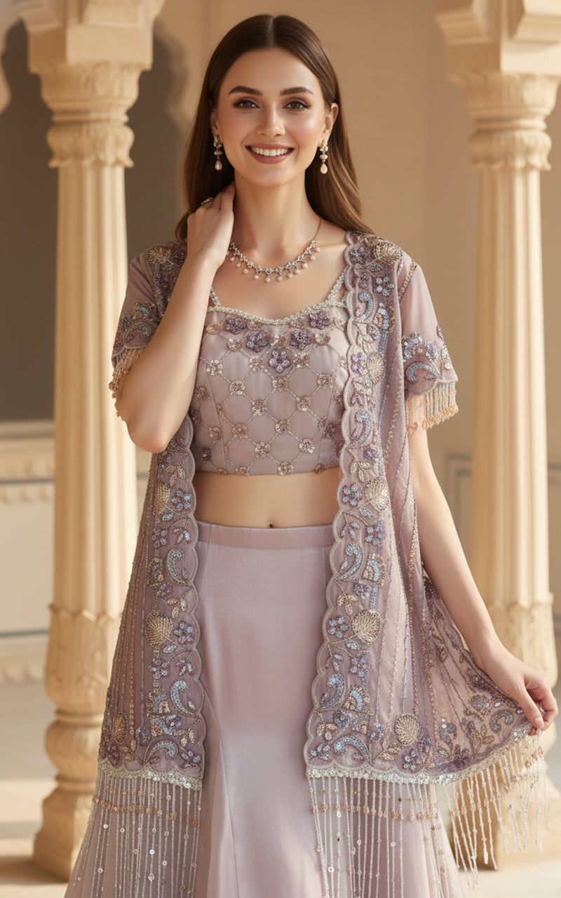 Embroidered jacket with blouse and skirt