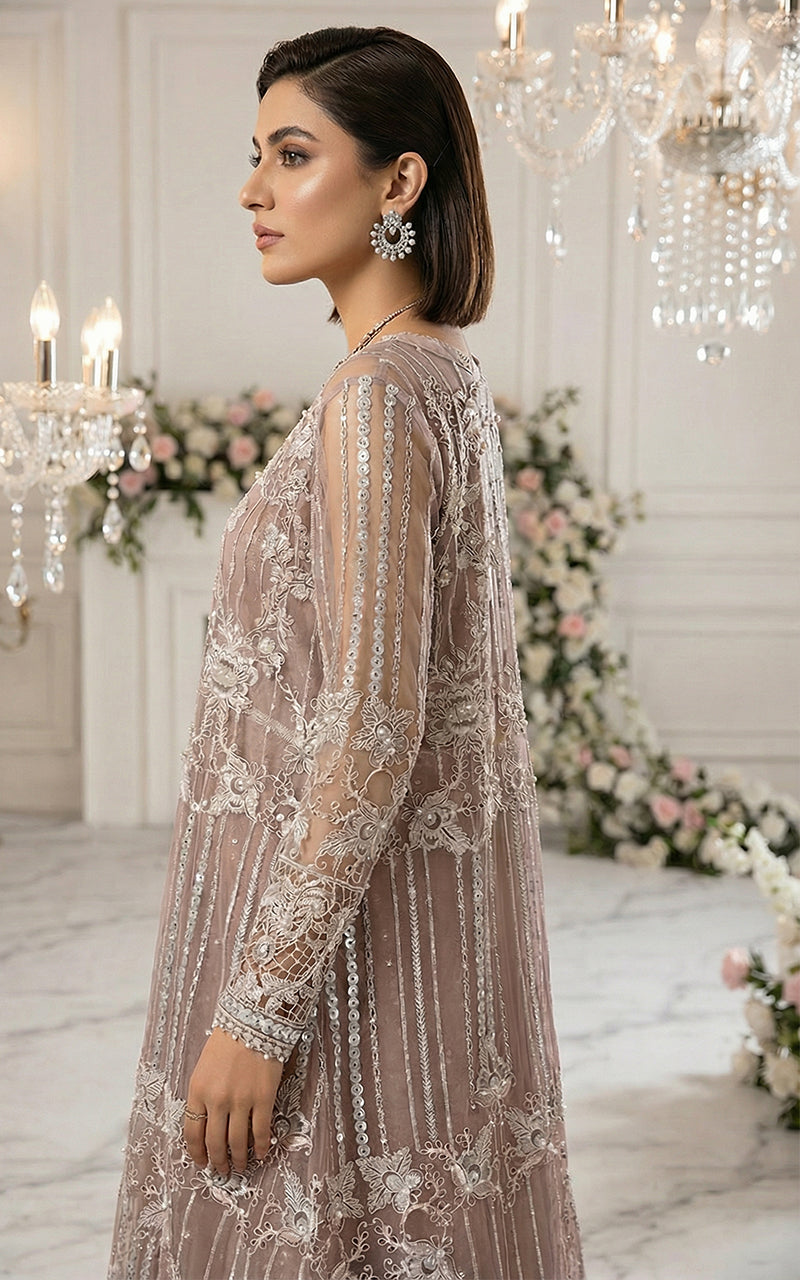 Unstitched Mauve Glimmer Open-Front Jacket With Maxi dress