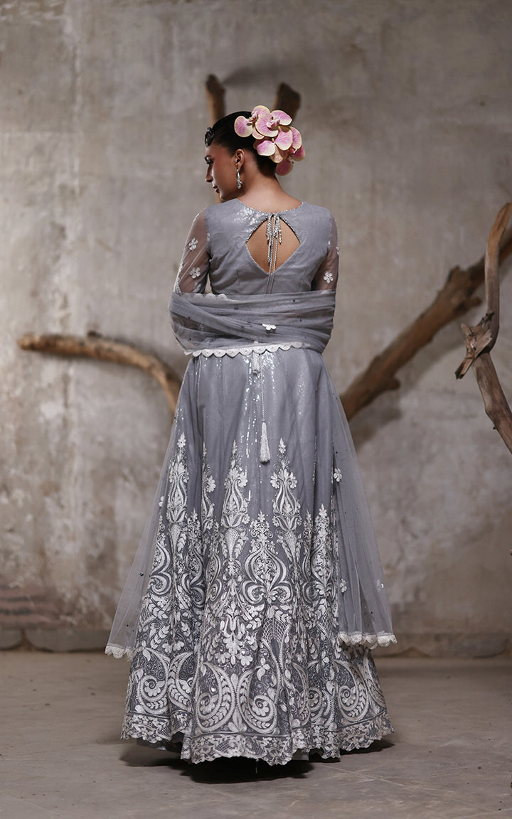 Net Embroidered Blouse With Lehenga And Dupatta