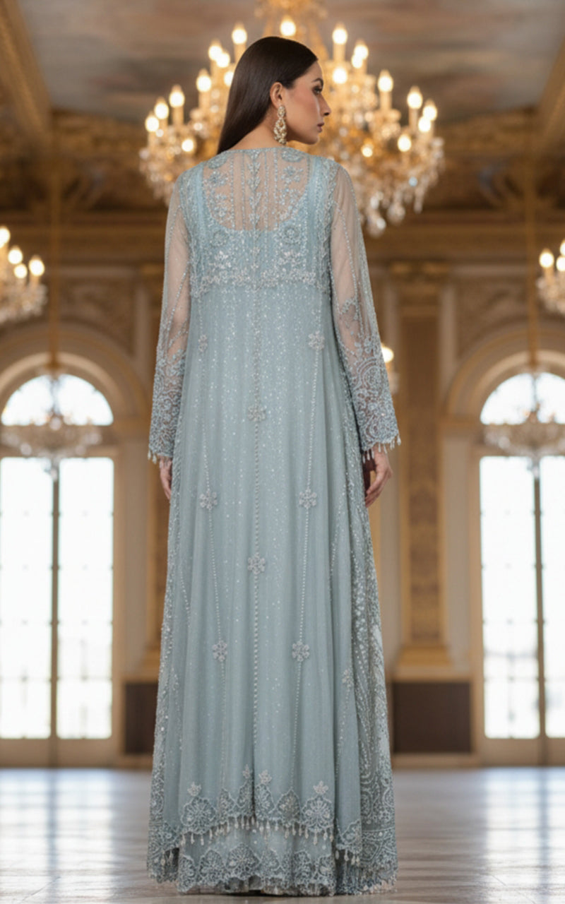 Net Embroidered Jacket With Blouse And Lehenga