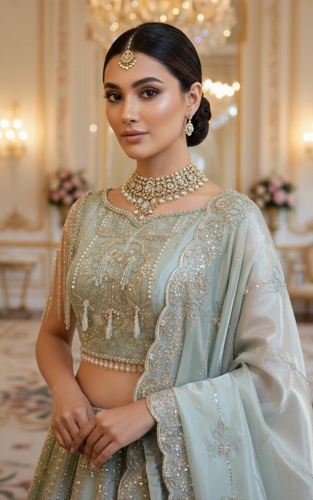 Embroidered Blouse With Lehenga And Dupatta