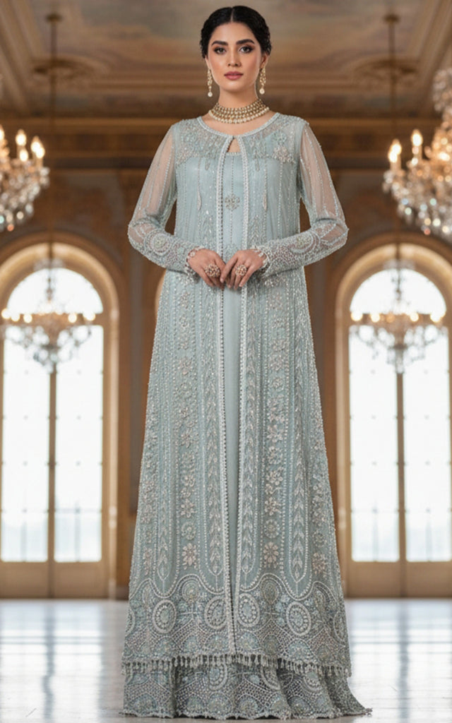 Net Embroidered Jacket With Blouse And Lehenga