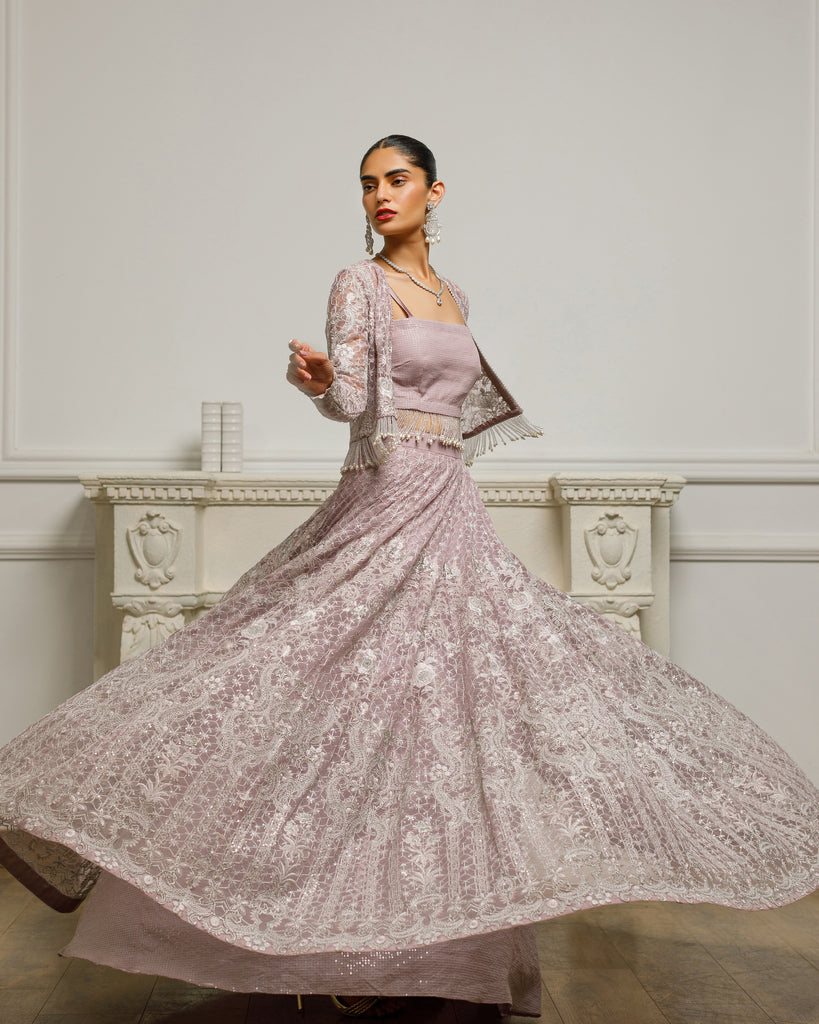 Net Embroidered Jacket With Lehenga