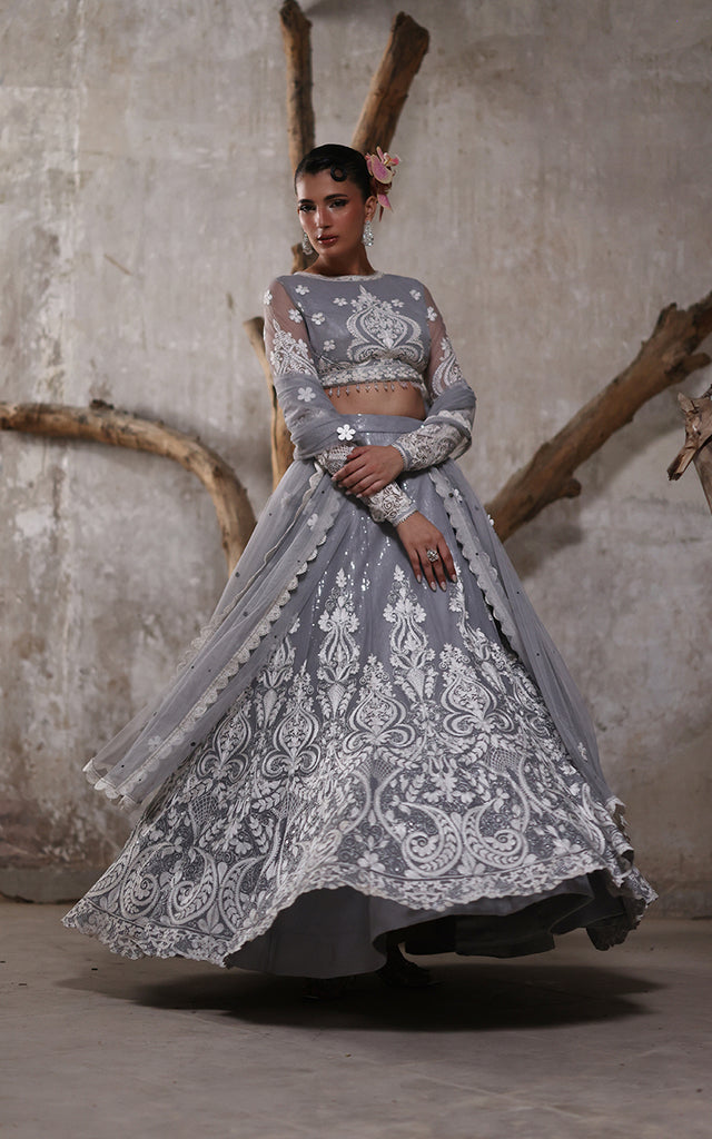 Net Embroidered Blouse With Lehenga And Dupatta