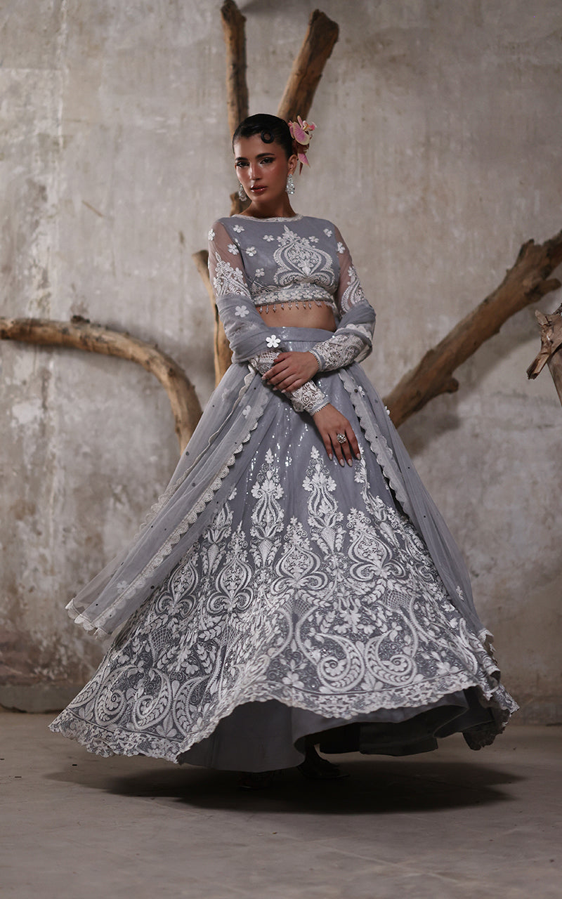 Net Embroidered Blouse With Lehenga And Dupatta