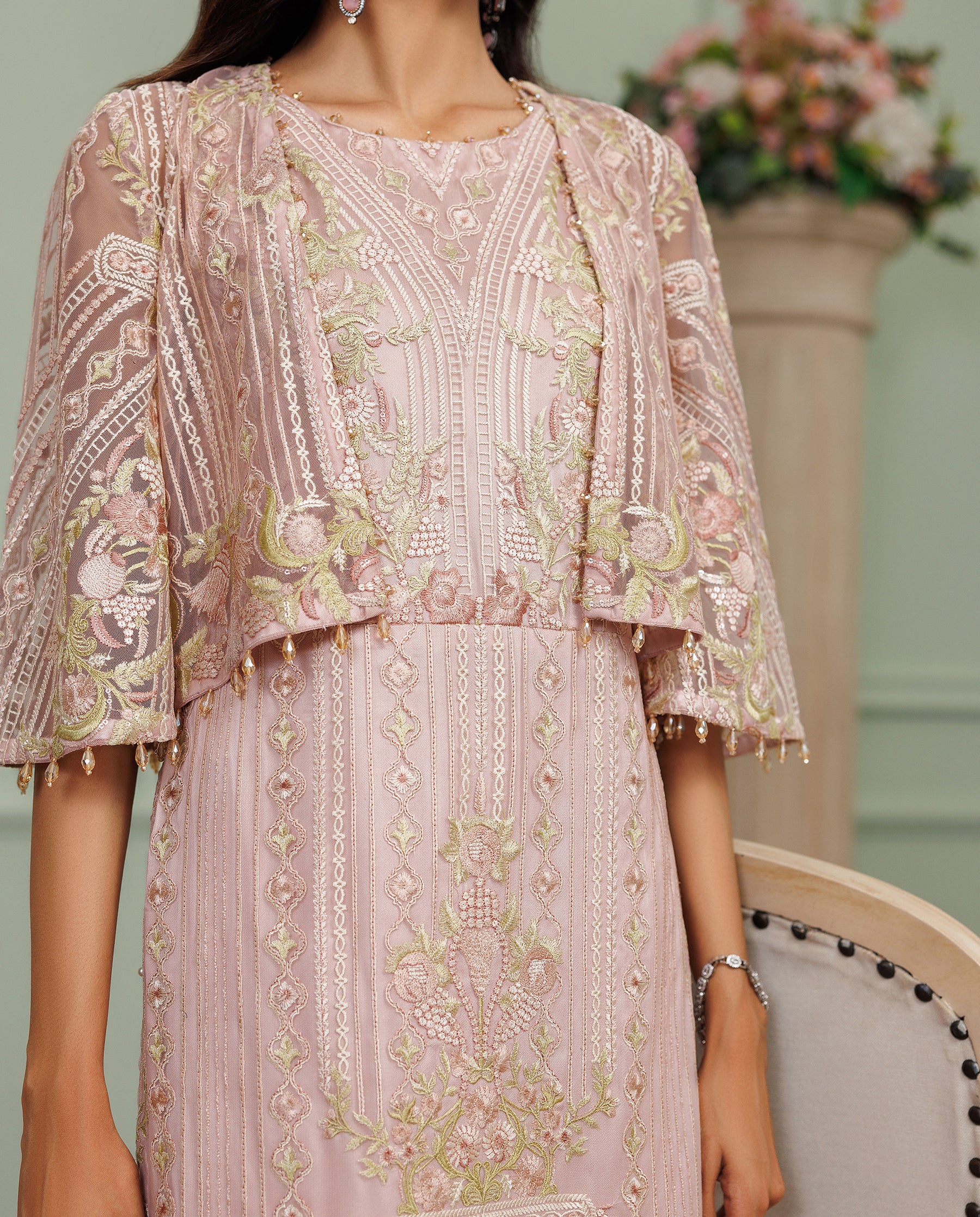 Unstitched Dusty Mauve Embroidered Net Ensemble