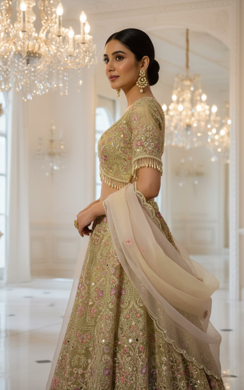 Unstitched Organza Embroidered Blouse With Lehenga