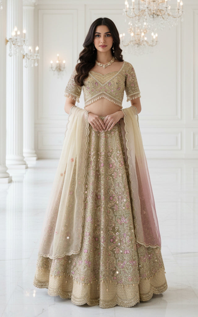 Unstitched Organza Embroidered Blouse With Lehenga