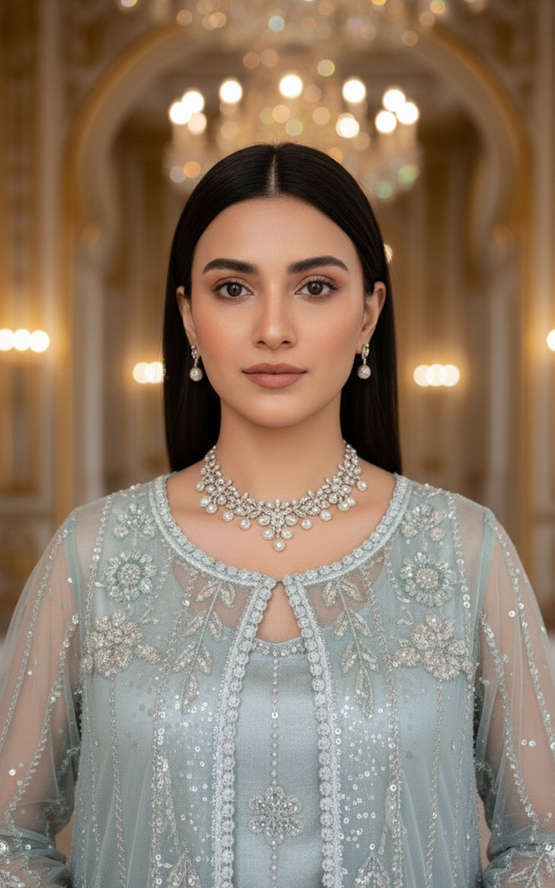 Net Embroidered Jacket With Blouse And Lehenga