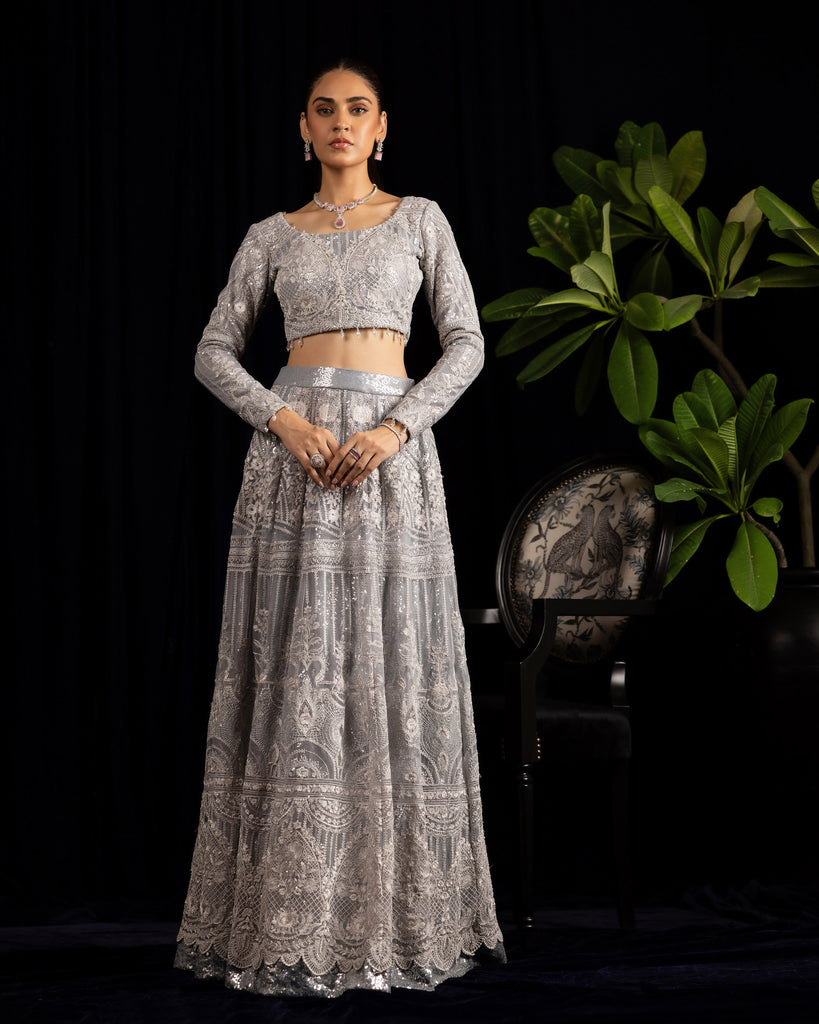 Net Embroidered Blouse With Embroidered Lehenga