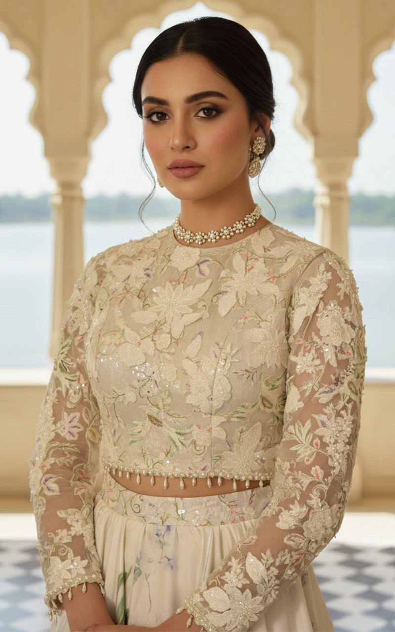 Embellished Blouse With Jacket And Printed Lehenga
