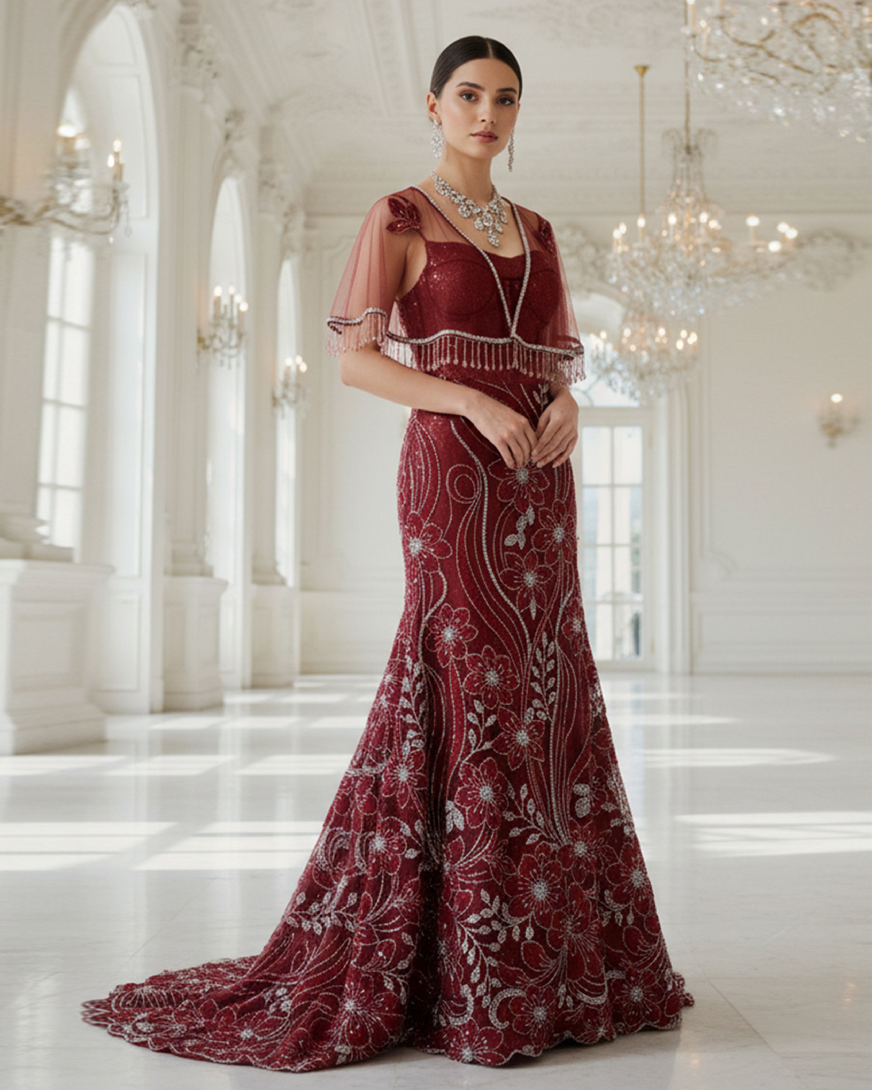 Net Embroidered Cape With Maxi