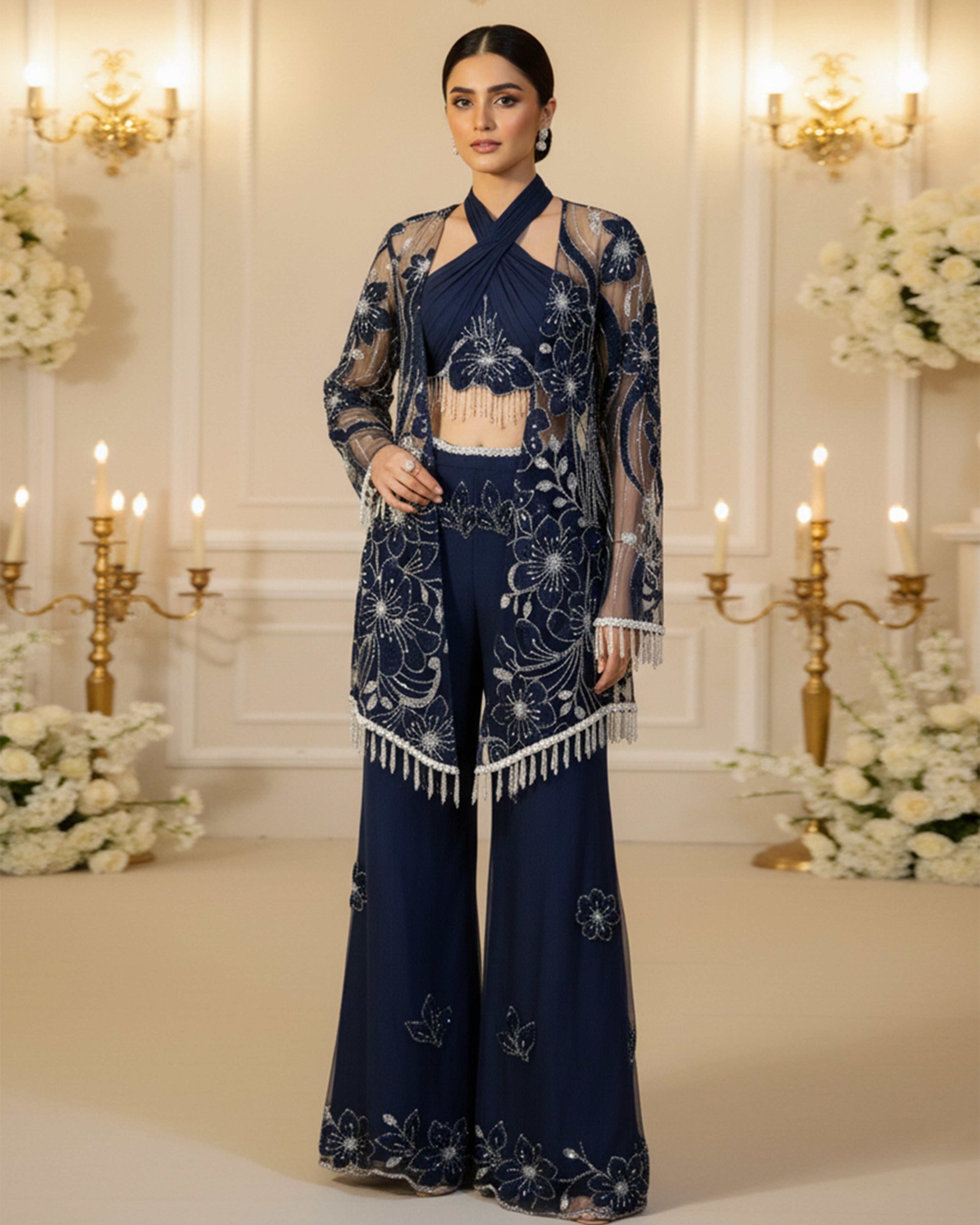 Embroidered Jacket With Blouse And Trouser