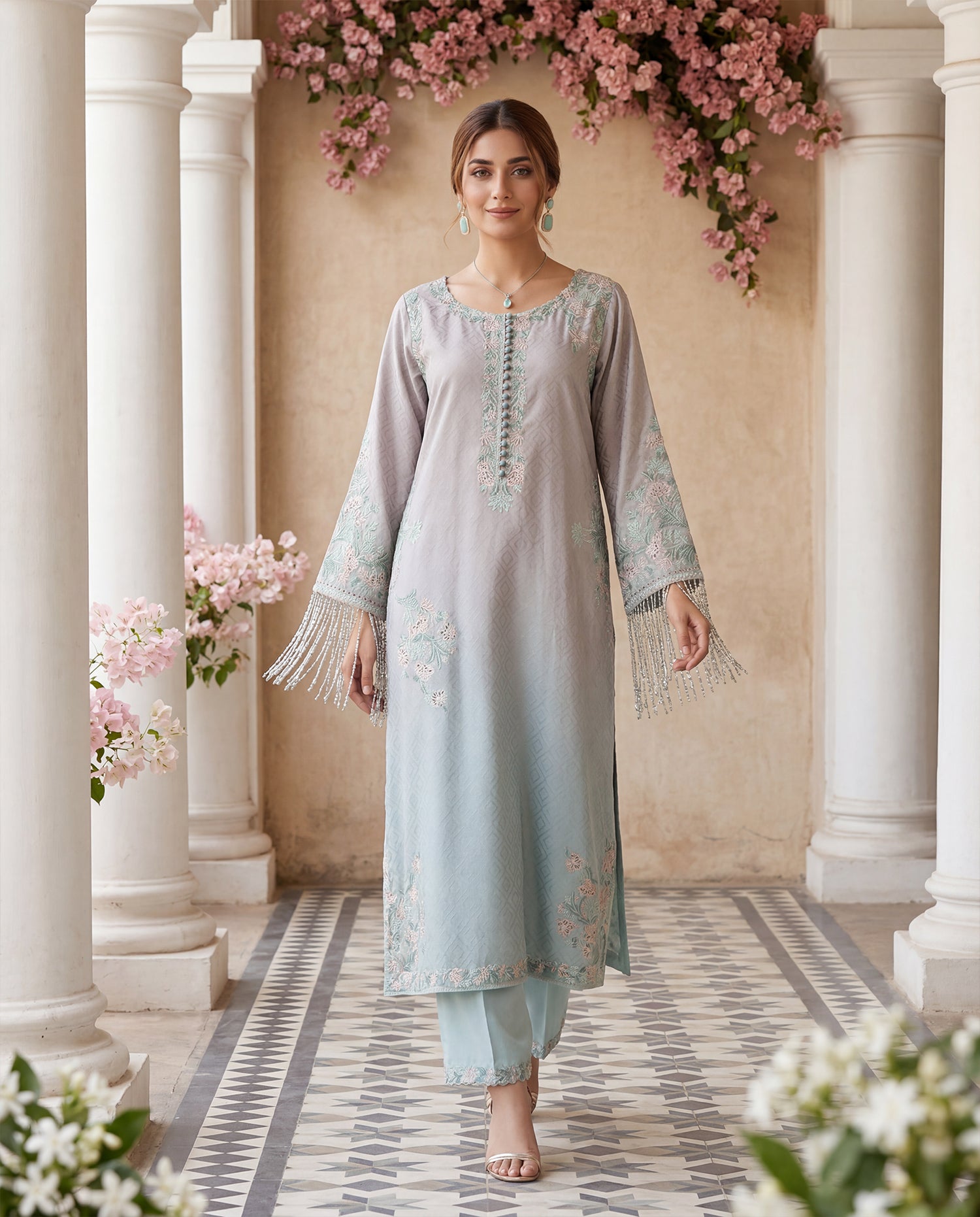 Serene Lavender & Mint Ombré Embellished Kurta Set
