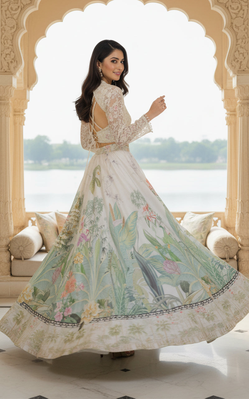 Embellished Blouse With Jacket And Printed Lehenga