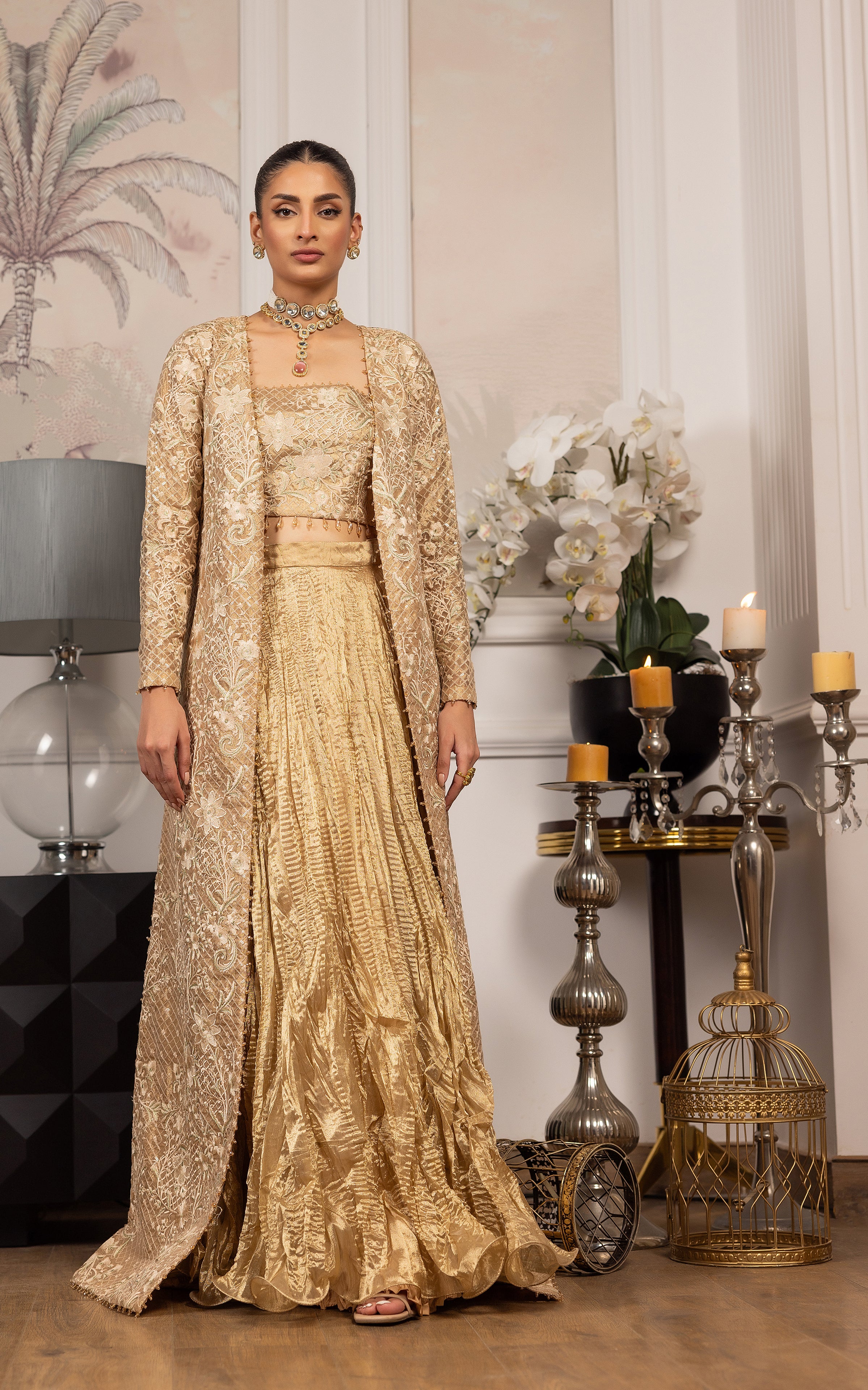 Unstitched Embroidered Jacket With Embroidered Tube And Skirt