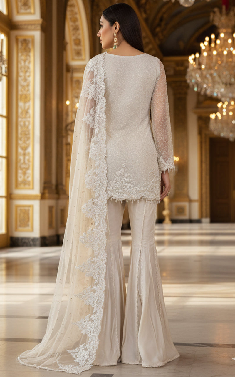 Net Embroidered Shirt With Gharara And Dupatta