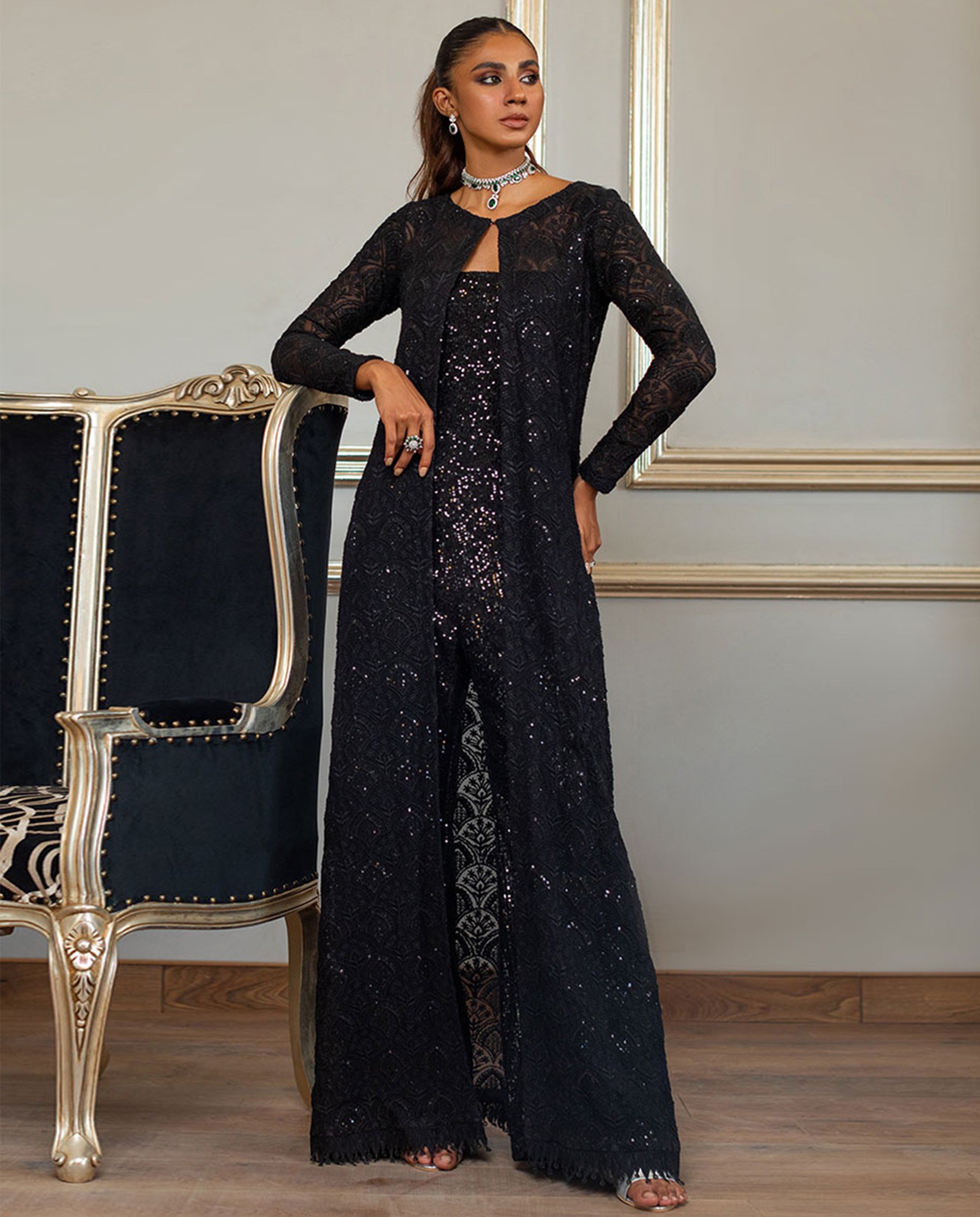 Unstitched Chiffon Embroidered Jacket With Jumpsuit
