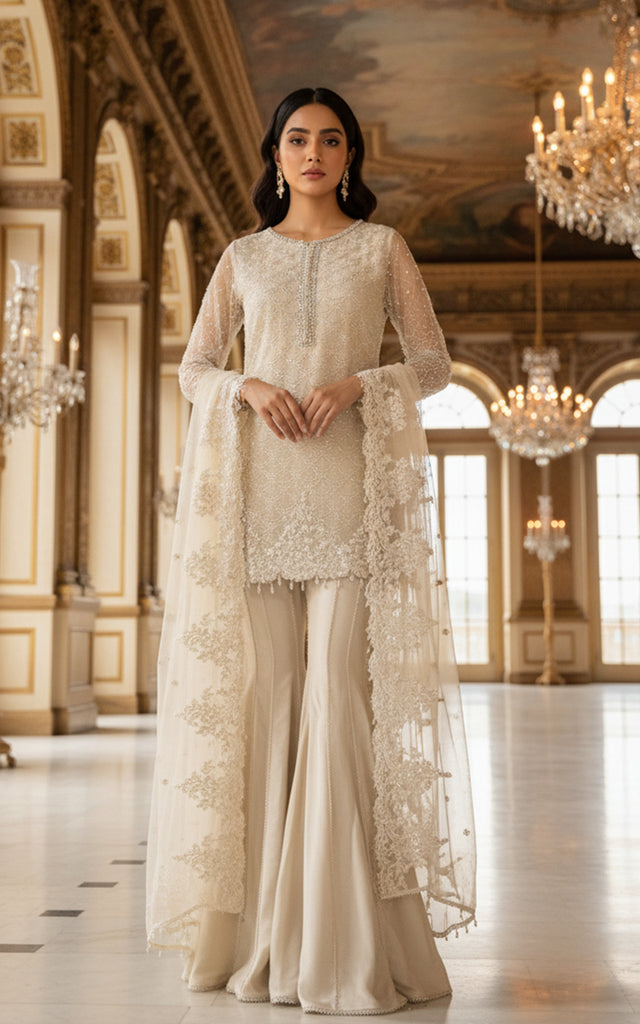 Net Embroidered Shirt With Gharara And Dupatta