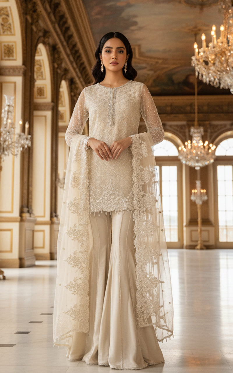 Net Embroidered Shirt With Gharara And Dupatta