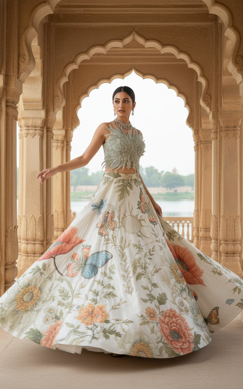 Embroidered Blouse With Embellished Printed Lehenga
