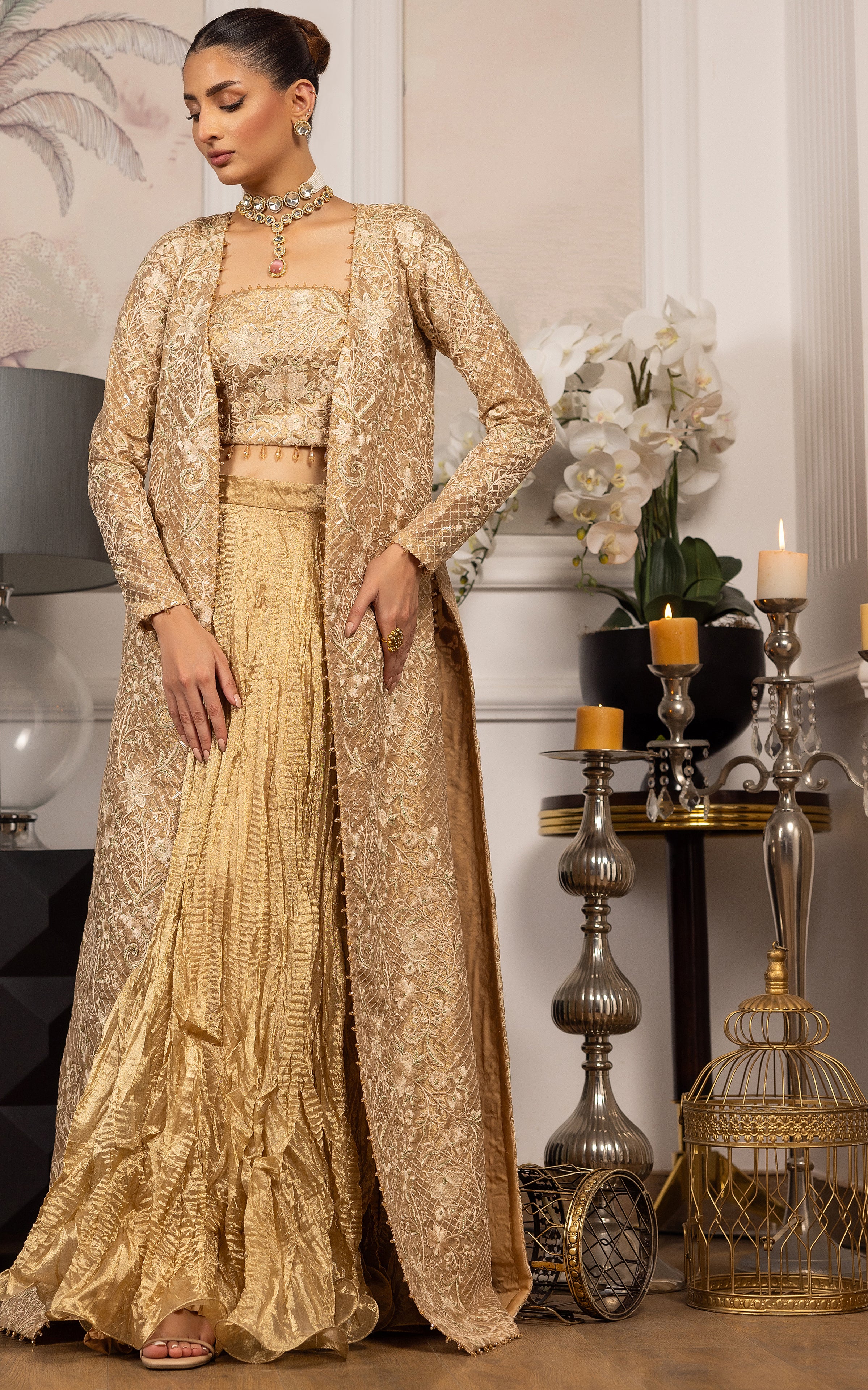 Unstitched Embroidered Jacket With Embroidered Tube And Skirt