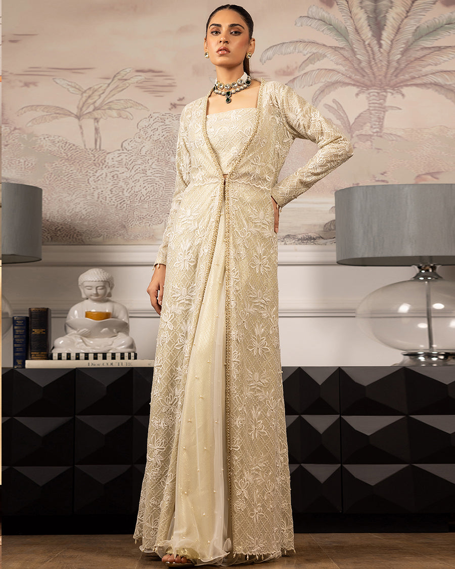 Net Embroidered Jacket With Blouse And Skirt