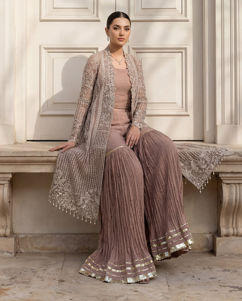 Unstitched Embroidered Jacket With Inner And Gharara
