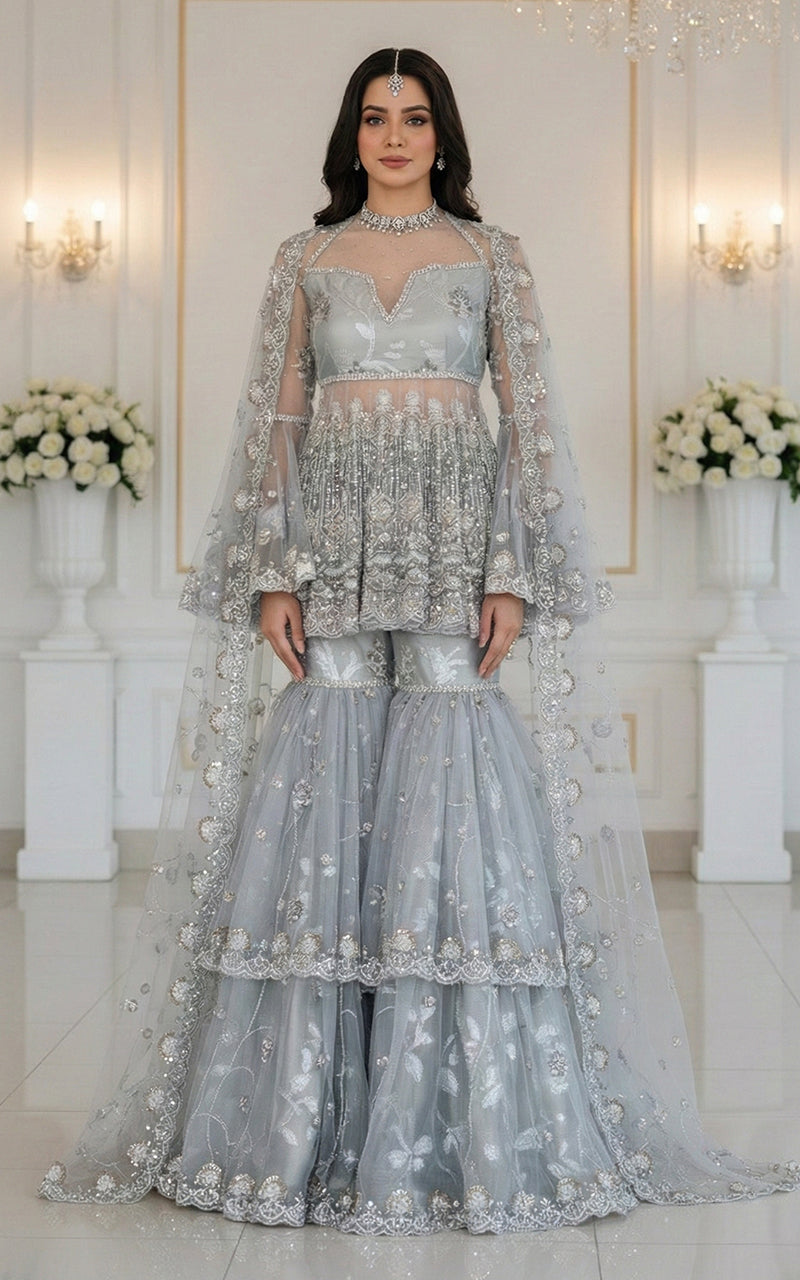 Embroidered Peplum with Gharara and Dupatta