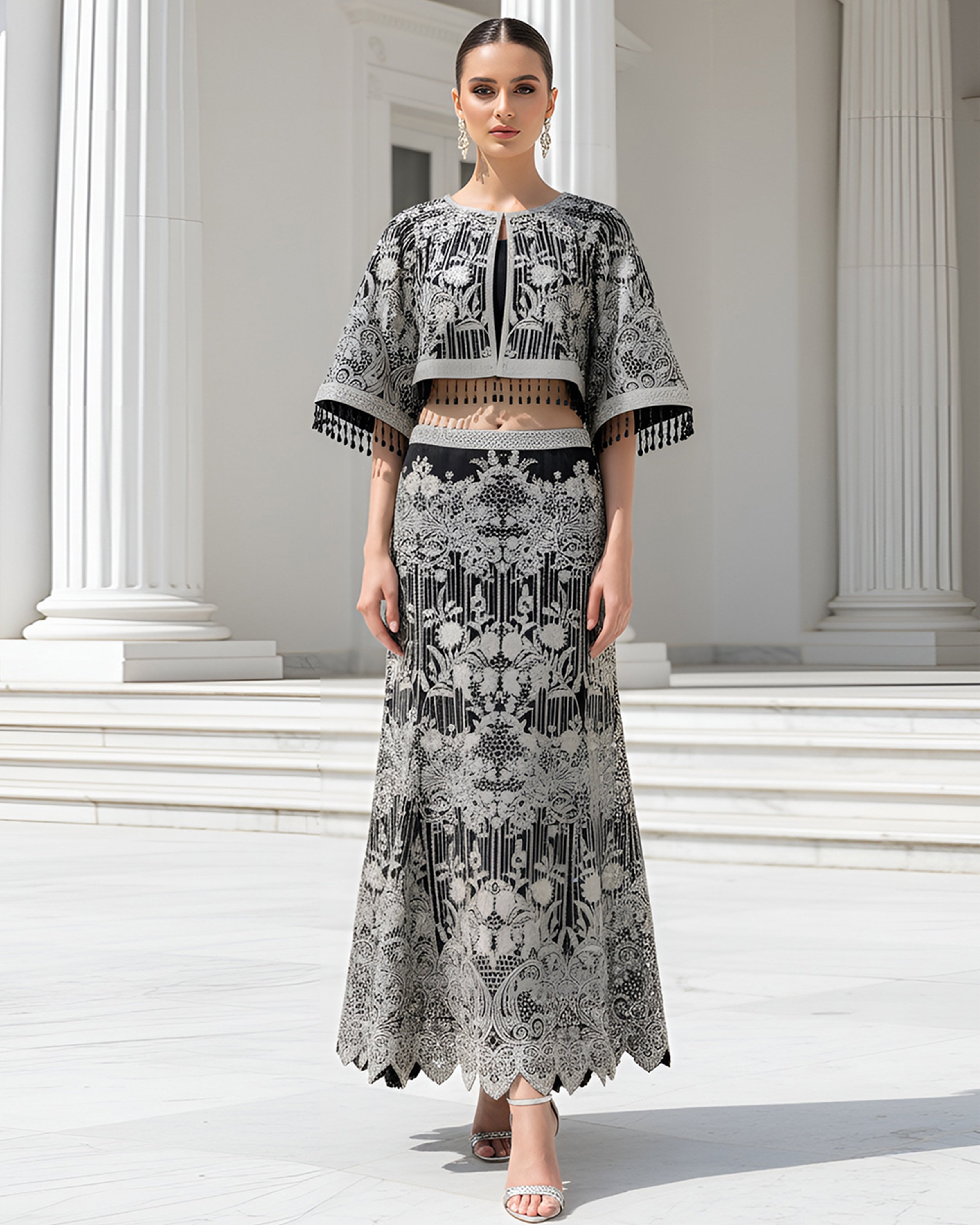 Organza Embroidered Cape With Skirt