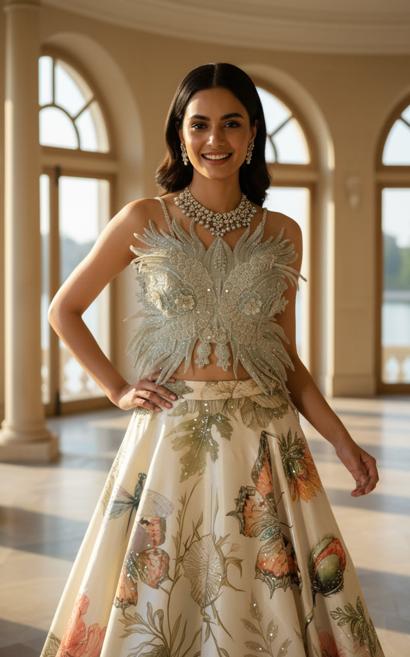 Unstitched Embroidered Blouse With Embellished Printed Lehenga