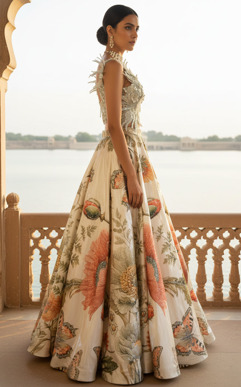 Unstitched Embroidered Blouse With Embellished Printed Lehenga