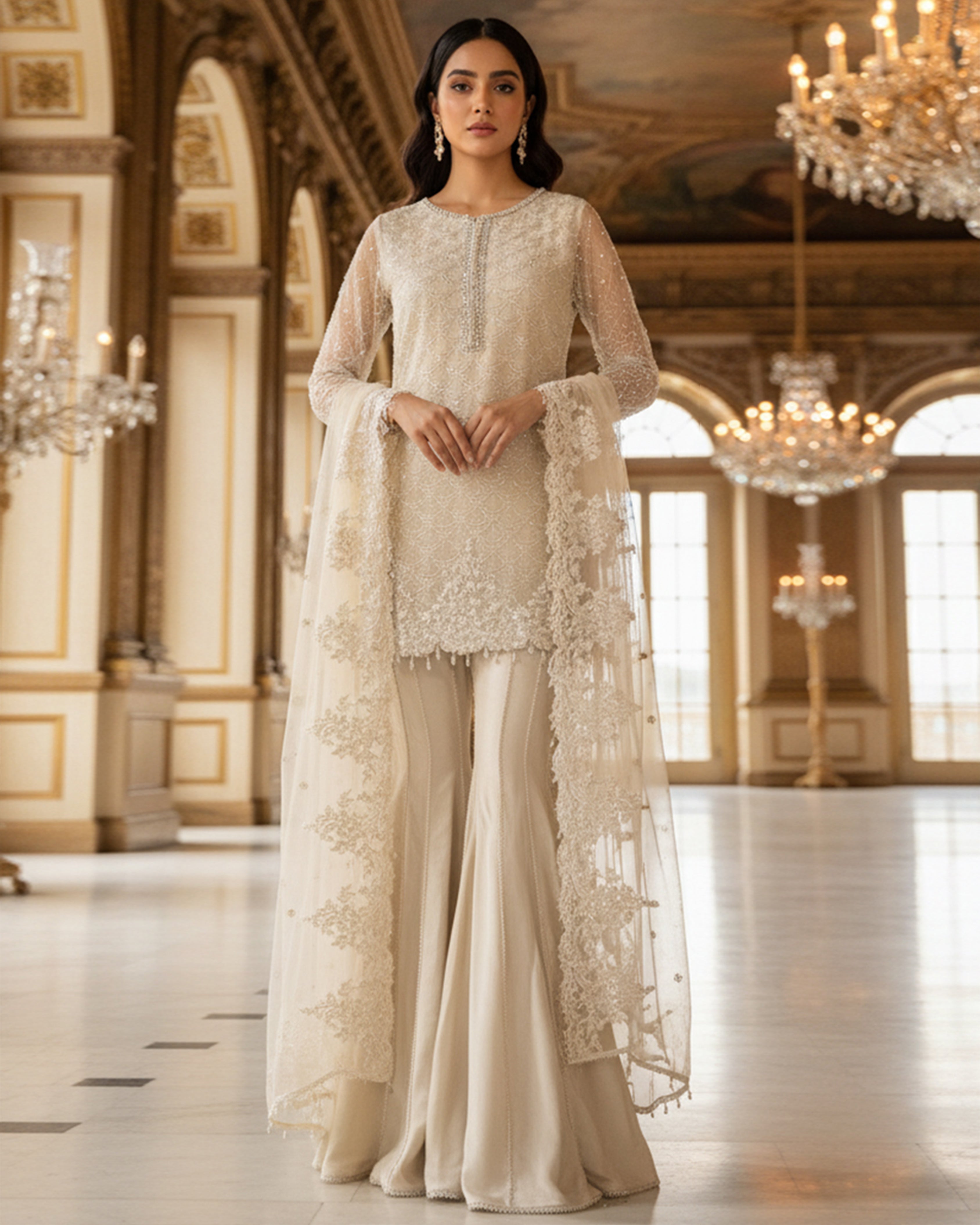 Net Embroidered Shirt With Gharara And Dupatta