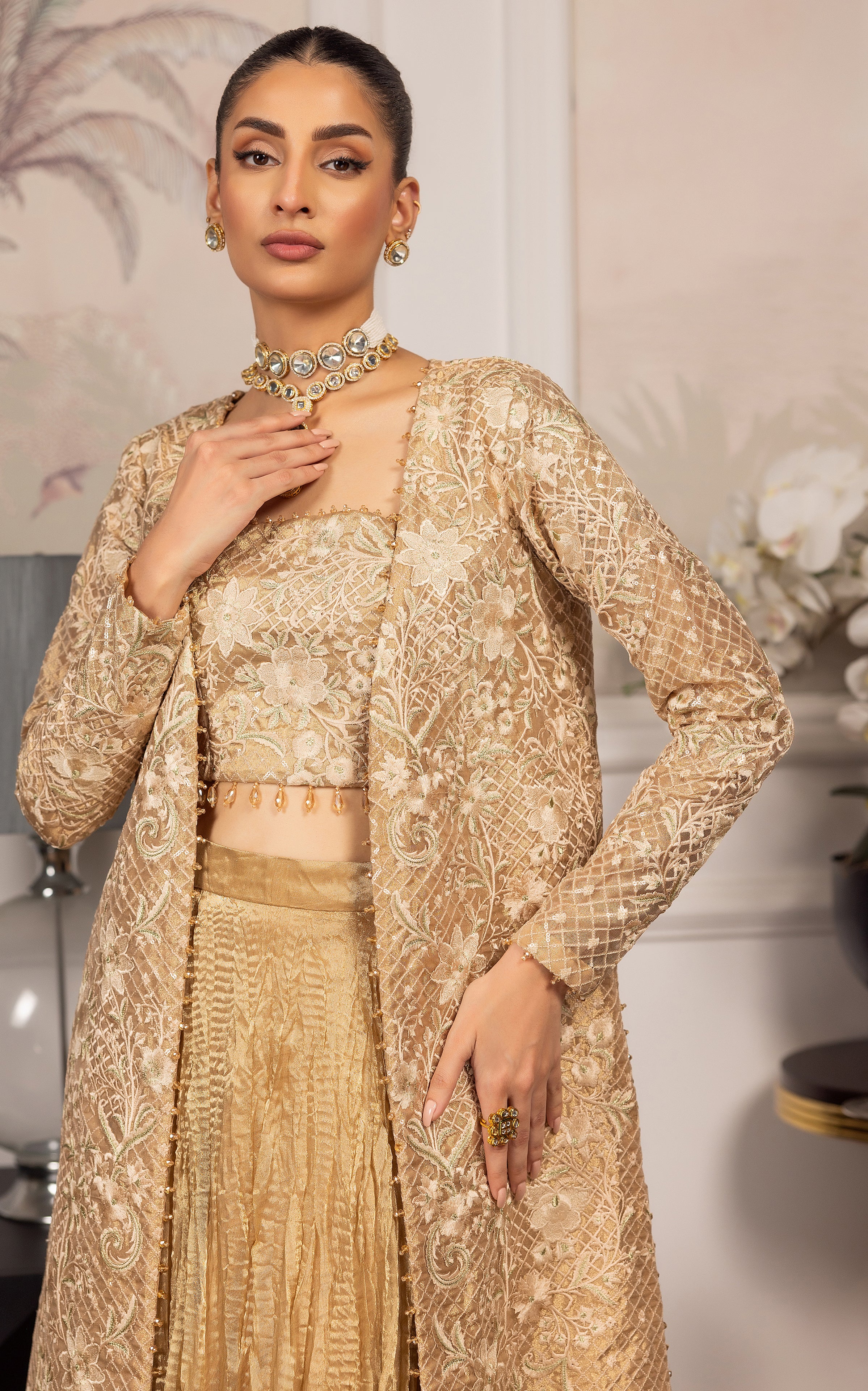 Unstitched Embroidered Jacket With Embroidered Tube And Skirt