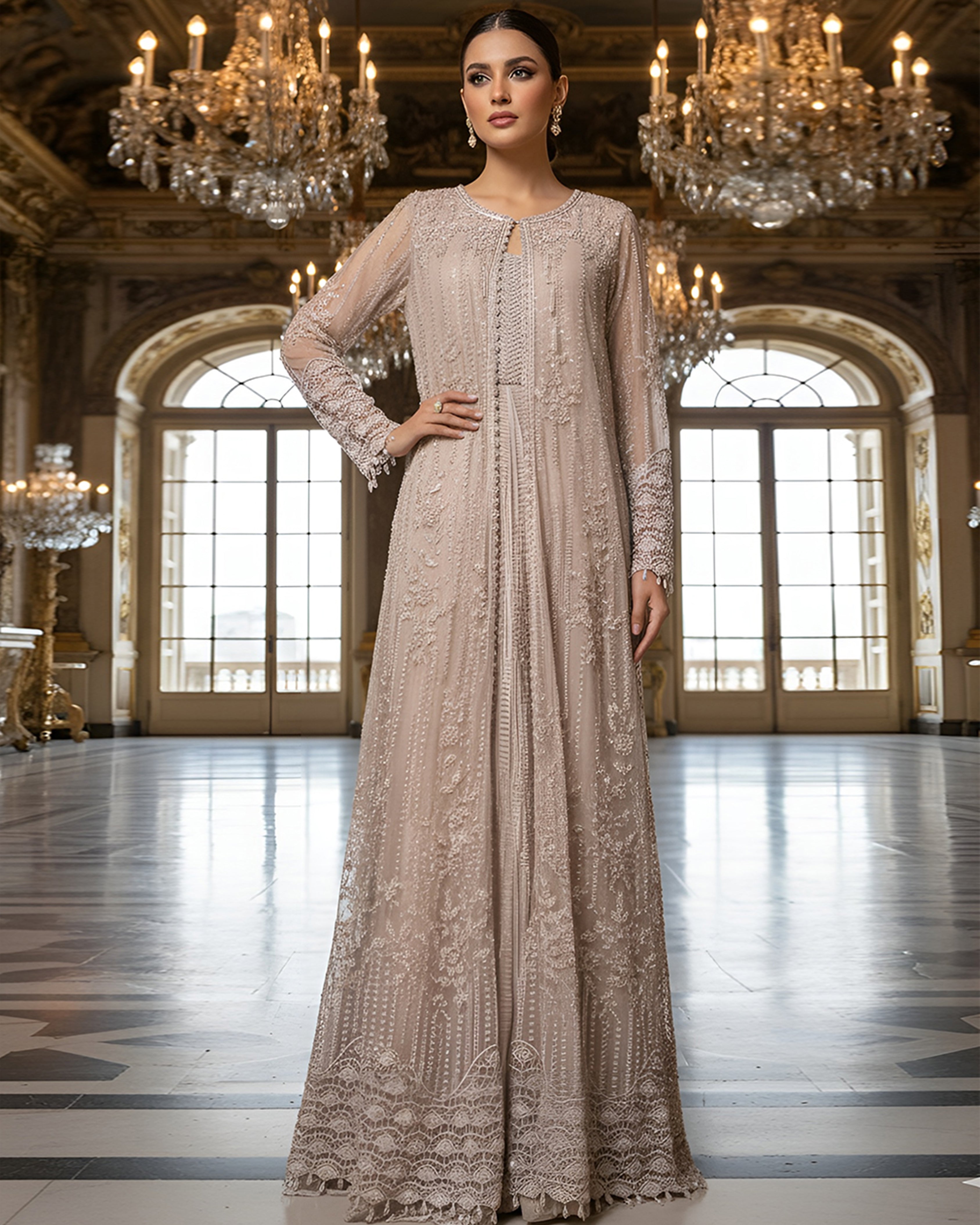 Net Embroidered Jacket With Crushed Maxi