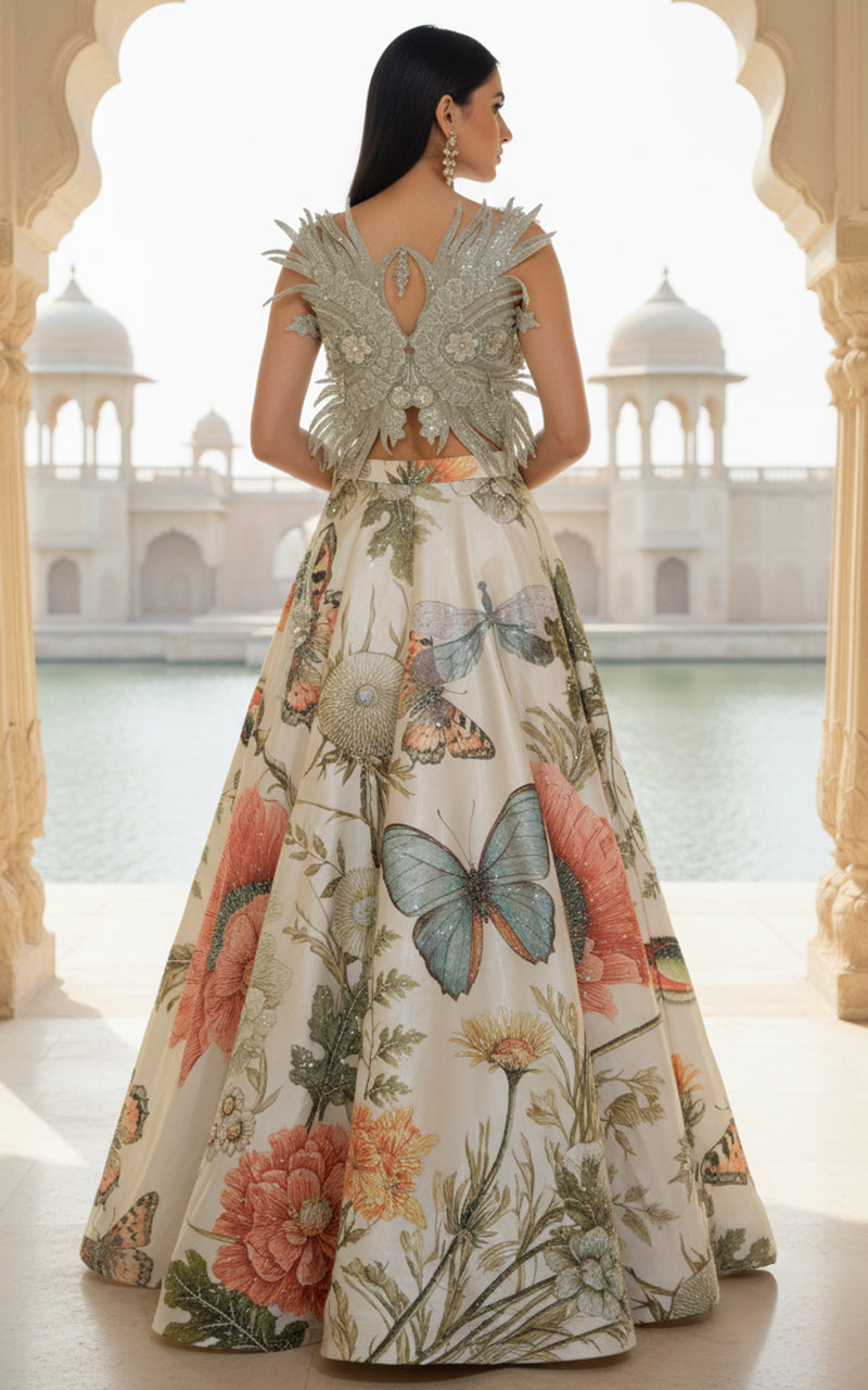 Unstitched Embroidered Blouse With Embellished Printed Lehenga